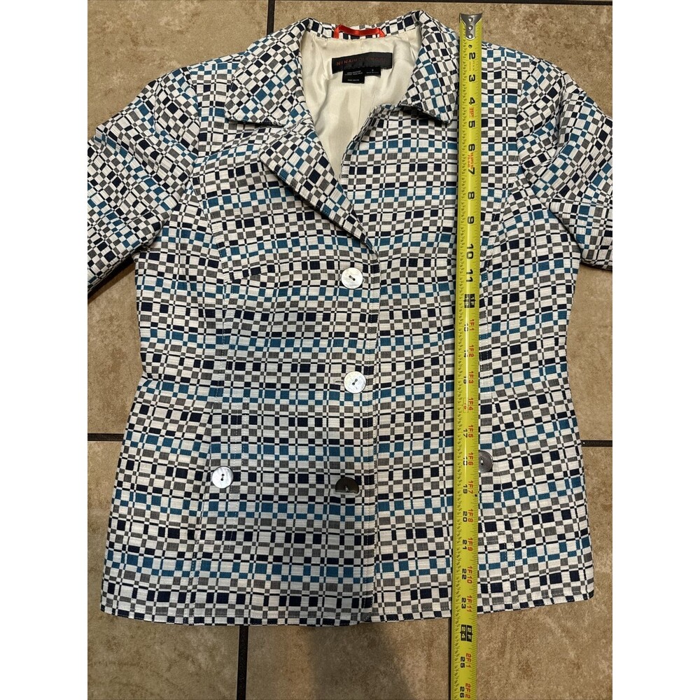 Nina Mclemore Women Blue,White Geometric Pattern Button Front Blazer Jacket Sz 2 - Picture 15 of 16